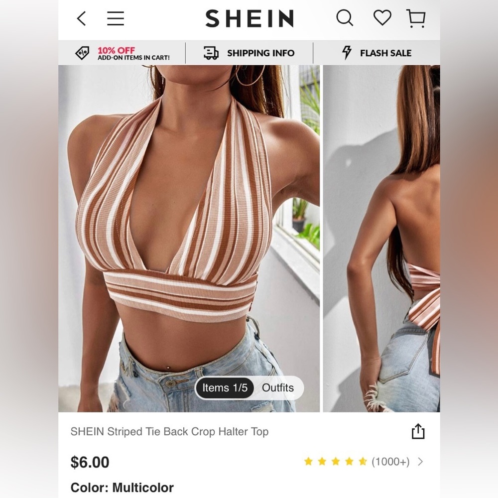 SHEIN White/cream ‘Striped Tie Back Crop Halter Top’ size S